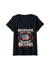 Hudson Jeans Womens Hudson Iowa USA Flag 4th Of July V-Neck T-Shirt