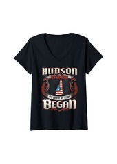 Hudson Jeans Womens Hudson New Hampshire USA Flag 4th Of July V-Neck T-Shirt