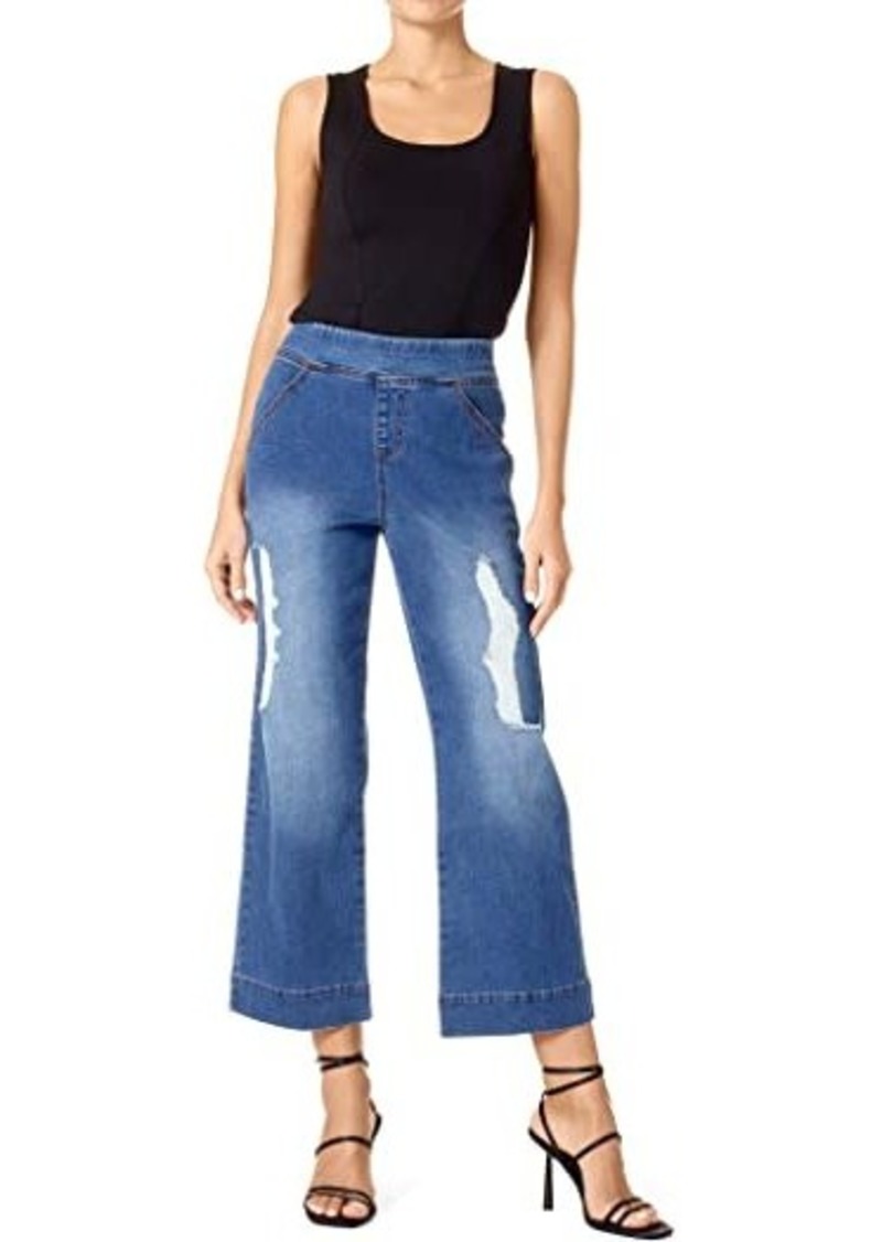 Hue High-Rise Shredded Cropped Denim Flare