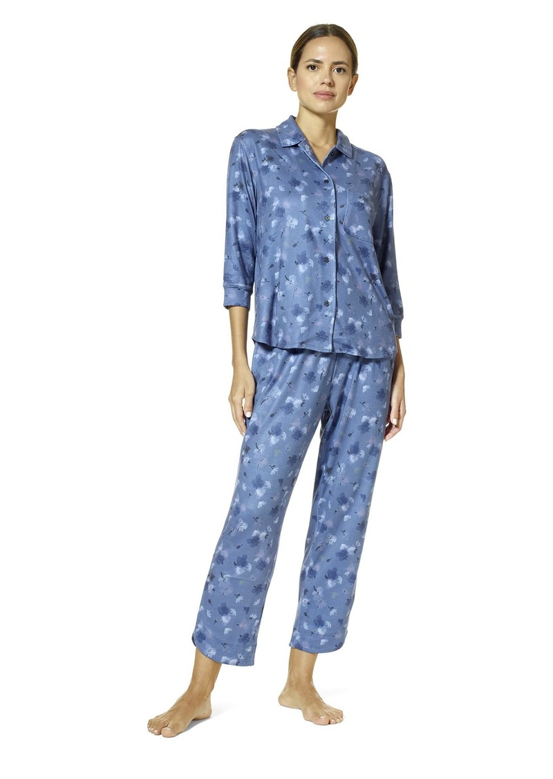 HUE Women's Brushed Loose Knit Button Up Shirt and Pant 2 Piece Pajama Set Blue Indigo-Watercolor
