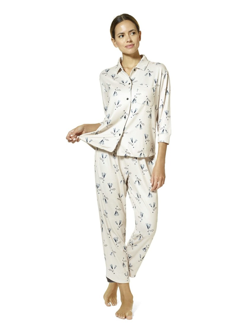 HUE Women's Brushed Loose Knit Button Up Shirt and Pant 2 Piece Pajama Set Silver Cloud-Cozy Glasses