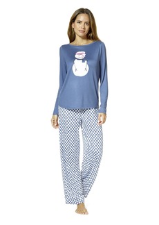 HUE Women's Brushed Loose Knit Long Sleeve Tee and Pant 2 Piece Pajama Set Blue Indigo-Snowman Smiles