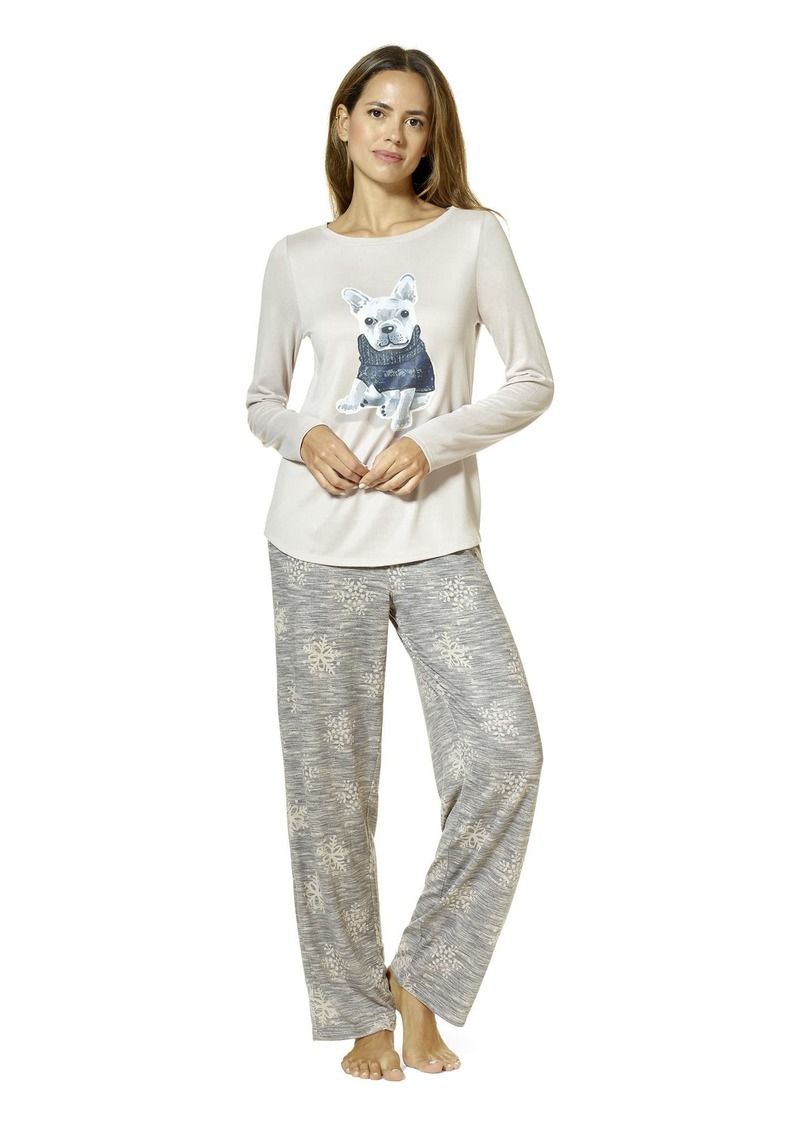 HUE Women's Brushed Loose Knit Long Sleeve Tee and Pant 2 Piece Pajama Set Silver Cloud-Pet Me Pup