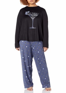 HUE Women's Cozy Long Sleeve Top and Pant 2 Piece Pajama Set Black-Merry Dot
