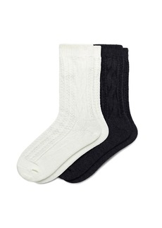 HUE Women's Crew Length Boot Socks 2 Pair Pack Ivory/Black-Cable Ribbed