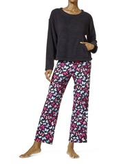 HUE Women's Fluffy Chenille Long Sleeve Top and Pant 2 Piece Pajama Set Black-Butterfly