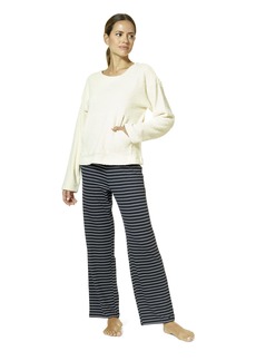 HUE Women's Fluffy Chenille Long Sleeve Top and Pant 2 Piece Pajama Set Egret-Stripe