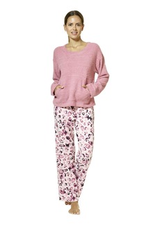HUE Women's Fluffy Chenille Long Sleeve Top and Pant 2 Piece Pajama Set Foxglove-Animal