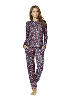 HUE Women's Long Sleeve Tee and Jogger Pant 2 Piece Pajama Set Black-Butterfly