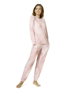 HUE Women's Long Sleeve Tee and Jogger Pant 2 Piece Pajama Set Pale Mauve-Snakeskin