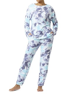 HUE Women's Long Sleeve Tee and Jogger Pant 2 Piece Pajama Set Button -Cloud Tiedye Cocktails