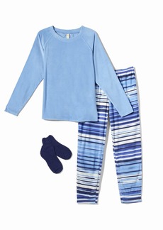 HUE Women's Plus Super Soft Fleece 3 Piece Pajama Set Marina-Painterly Stripe