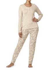 HUE Women's Textured Rib Henley Long Sleeve Tee and Jogger Pant 2 Piece Pajama Set Doeskin-Snowstar