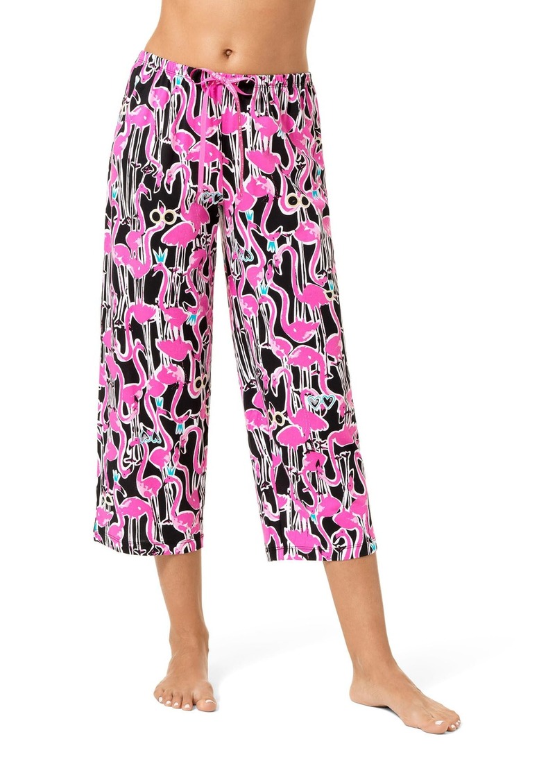 HUE Women's Plus Size Printed Knit Pajama Black Flamingo Festival-Sleep Capri Pants