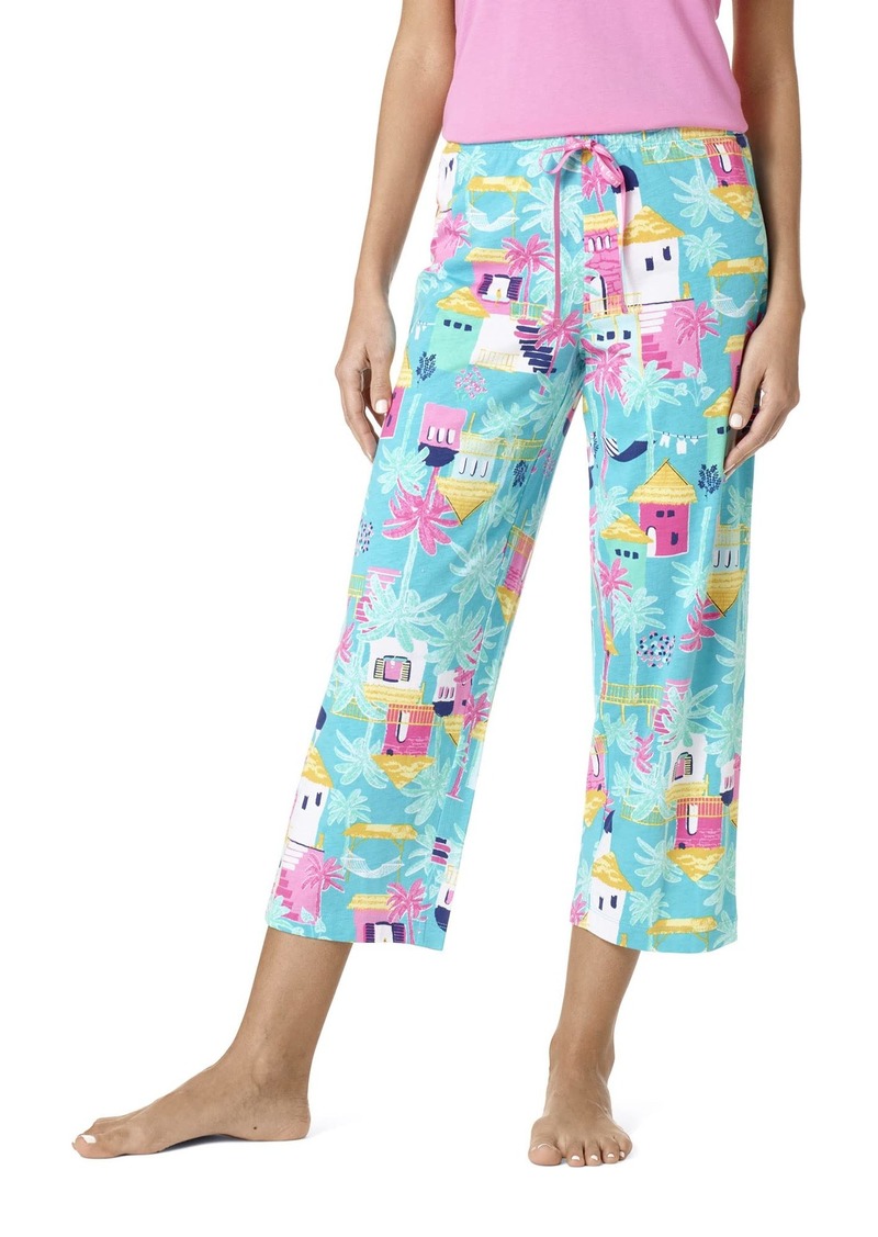 HUE Women's Printed Knit Capri Pajama Sleep Pant Ceramic-Happy Time Huts