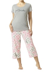 HUE Women's Printed Knit Short Sleeve Tee and Capri 2 Piece Pajama Set Frost Gray-Love Each Other