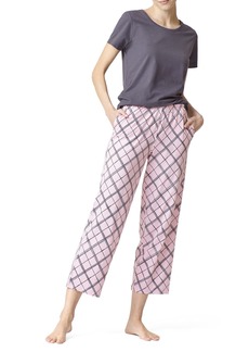HUE Women's Short Sleeve Tee and Skimmer Pajama Set Asphalt-Pencil Plaid