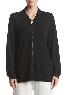 Hue Women's Solid French Terry Long Sleeve Zip Front Lounge Jacket Sleepwear -black