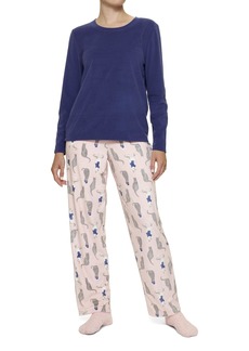 HUE Women's Super Soft Fleece 3 Piece Pajama Set Deep Cobalt-Kitties