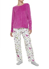 HUE Women's Super Soft Fleece 3 Piece Pajama Set Rose Violet-Snow Day Dogs