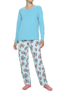 HUE Women's Super Soft Fleece 3 Piece Pajama Set Scuba Blue-Penguins