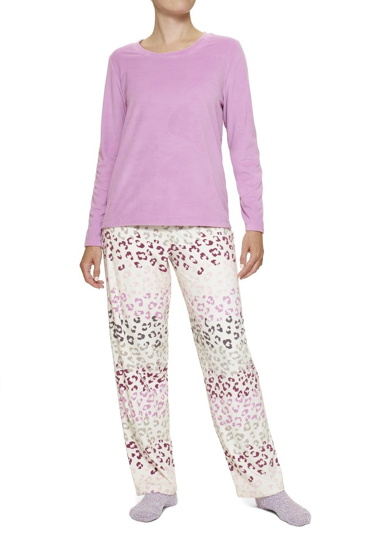 HUE Women's Super Soft Fleece 3 Piece Pajama Set Smokey Grape-Leopard