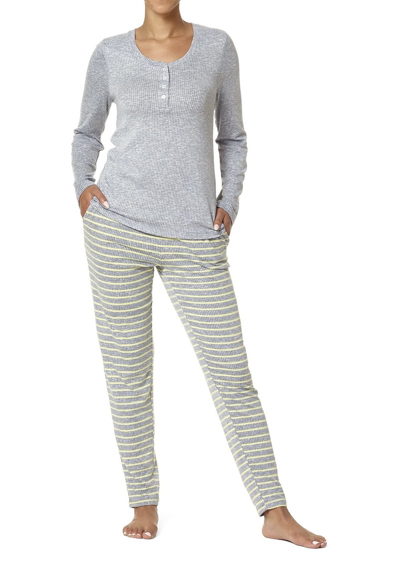 HUE womens Textured Rib Henley Long Sleeve Tee and Jogger Pant 2 Piece Pajama Set   US