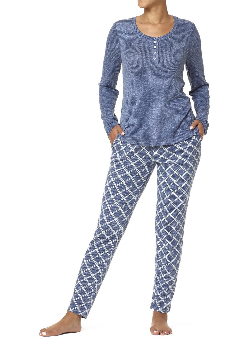 HUE Women's Plus Textured Rib Henley Long Sleeve Tee and Jogger Pant 2 Piece Pajama Set Vintage Indigo-Doodle Plaid