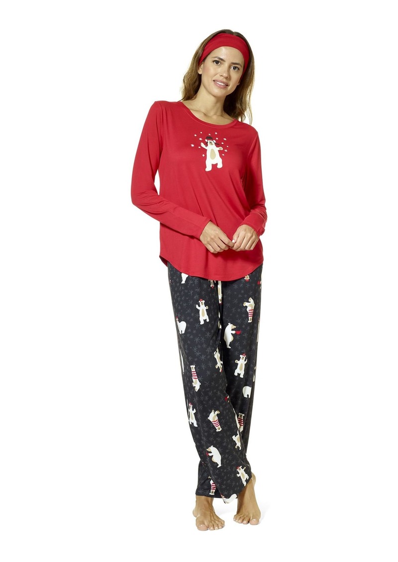 HUE Women's Timeless Soft Jersey 3 Piece Pajama Set Barbados Cherry-Beary Good