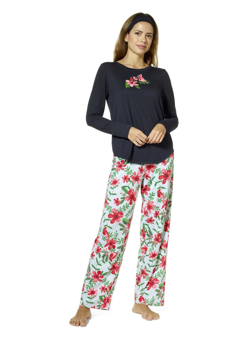 HUE Women's Timeless Soft Jersey 3 Piece Pajama Set Black-Cardinal Bloom