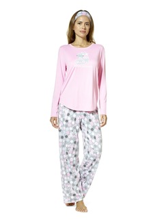 HUE Women's Timeless Soft Jersey 3 Piece Pajama Set Prism Pink-Together Kitty