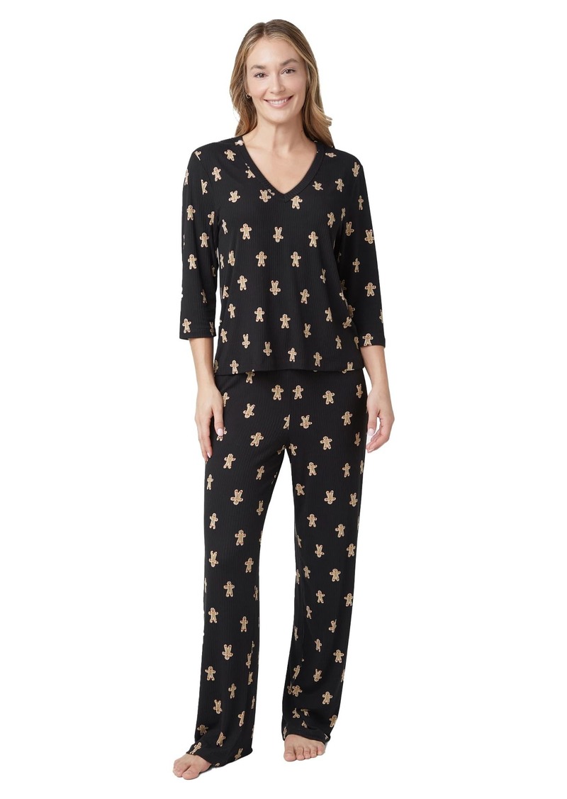 HUE Women's Ultra Ribbed 2 Piece Pajama Gift Set – Includes Cozy Long Sleeve Top and PJ Pant Black-Gingerbread Man Jam