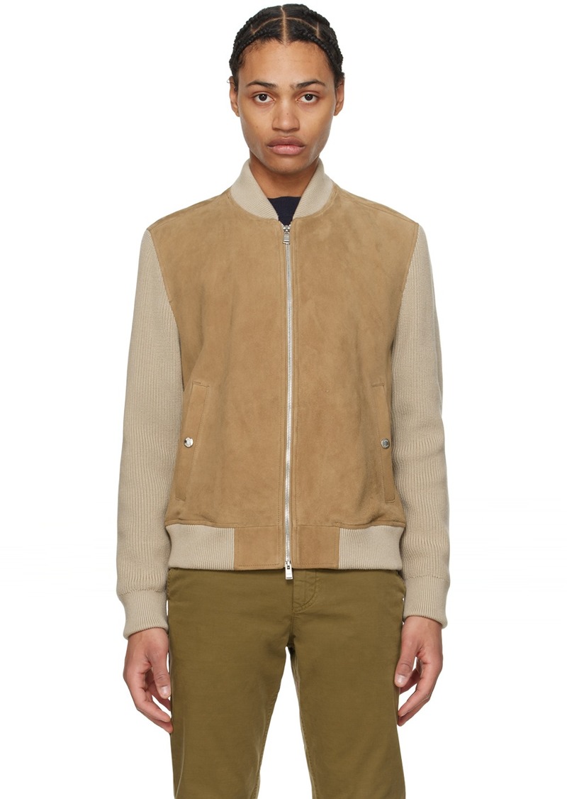 Hugo Boss BOSS Beige Paneled Leather Bomber Jacket