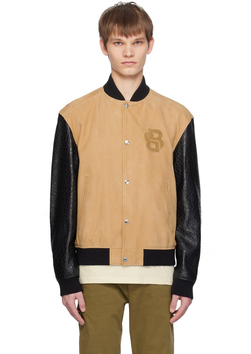 Hugo Boss BOSS Tan & Black Stand Collar Leather Bomber Jacket