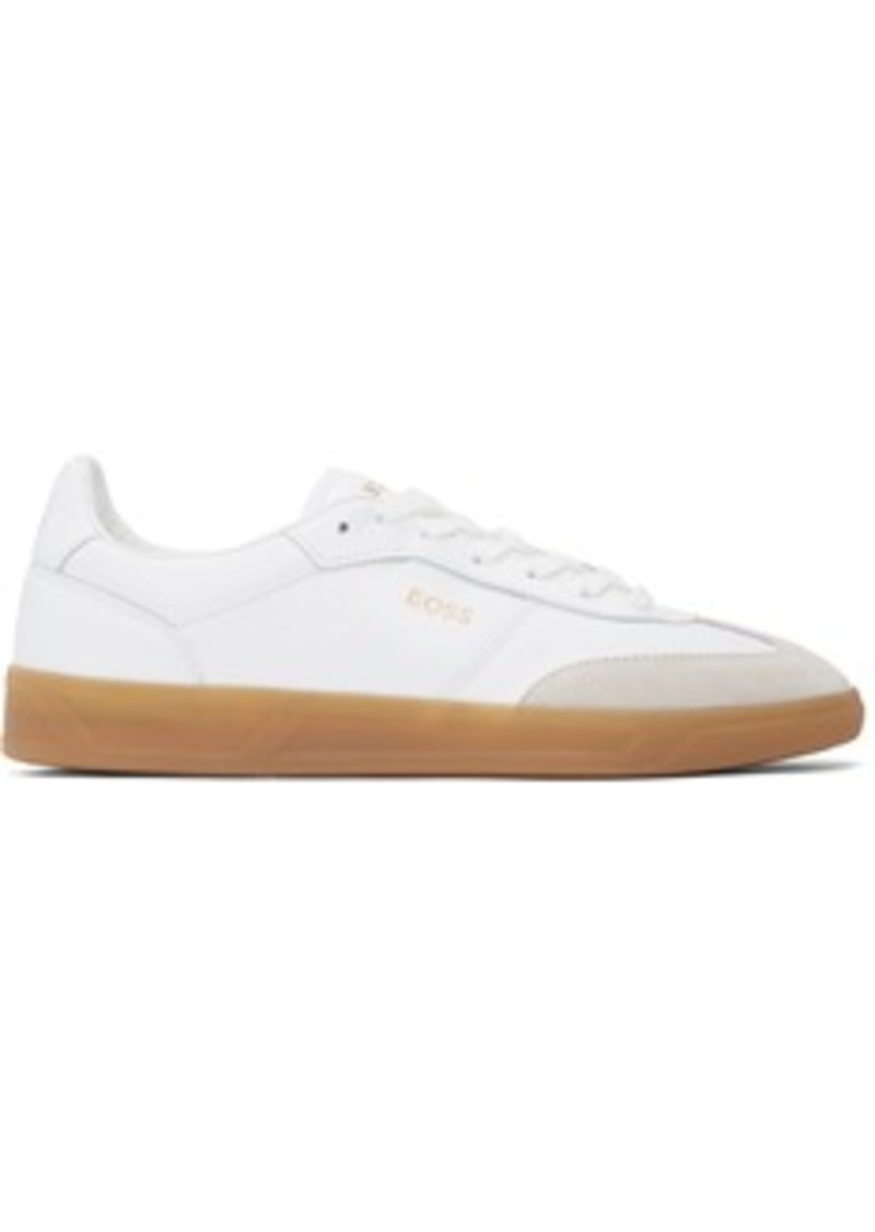 Hugo Boss BOSS White Leather & Suede Embossed Logos Sneakers