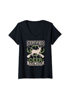 Hunter Womens Certified Deer Stalker Funny Deer Hunting V-Neck T-Shirt