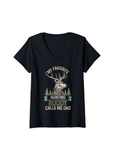 Womens Father's Day Hunter My Favorite Hunting Buddy Calls Me Dad V-Neck T-Shirt