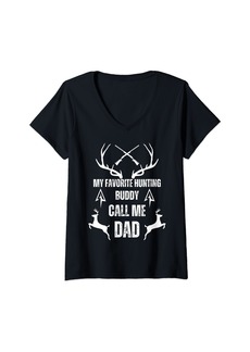 Womens My Favorite Hunting Buddy Calls Me Dad Deer Hunter Hunt V-Neck T-Shirt