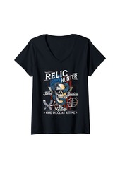 Womens Relic Hunter American Flag Skull Metal Detecting Treasure V-Neck T-Shirt