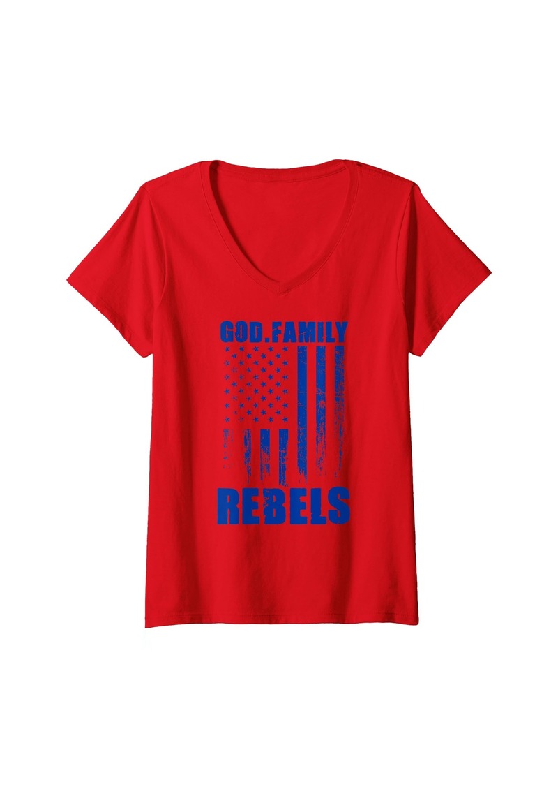 Womens Hurley Rebels God. Family. Vintage USA Flag V-Neck T-Shirt