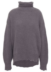 Iro Woman Distressed Ribbed Merino Wool Turtleneck Sweater Dark Gray