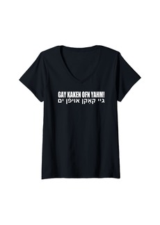 Isaac Mizrahi Womens GAY KAKEN OFN YAHM | Funny Offensive Yiddish Phrase Sayings V-Neck T-Shirt