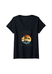Isaac Mizrahi Womens Retro Vintage sunset coco palm tree shirts tropical beach V-Neck T-Shirt