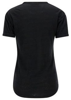 Isabel Marant Black Crewneck T-Shirt with Tonal Logo Print in Linen Woman