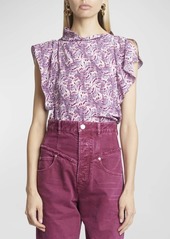 Isabel Marant Valency Feather-Print Asymmetric Flutter-Sleeve Silk Blouse