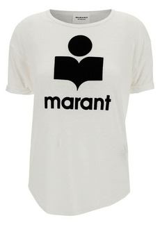 Isabel Marant White Crewneck T-Shirt with Contrasting Logo Print in Linen Woman