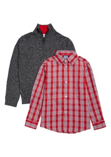 IZOD Kids' Marl Quarter Zip Sweater & Plaid Button-Up Shirt Set in Black at Nordstrom Rack