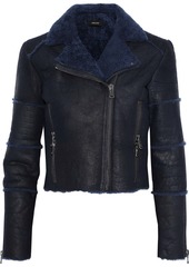 J Brand Woman Aiah Cropped Washed-shearling Biker Jacket Midnight Blue