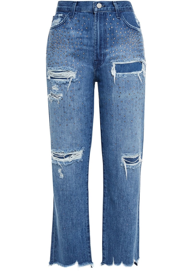 J Brand Woman Jules Crystal-embellished Distressed High-rise Straight-leg Jeans Mid Denim