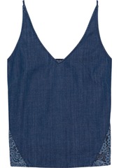 J Brand Woman Lucy Cotton-chambray And Corded Lace Camisole Dark Denim